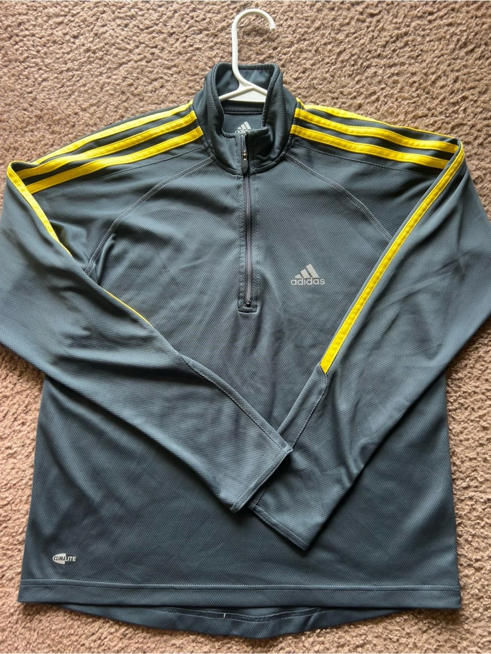 adidas Men’s Gray Performance Quarter-Zip Jacket with Yellow Stripes